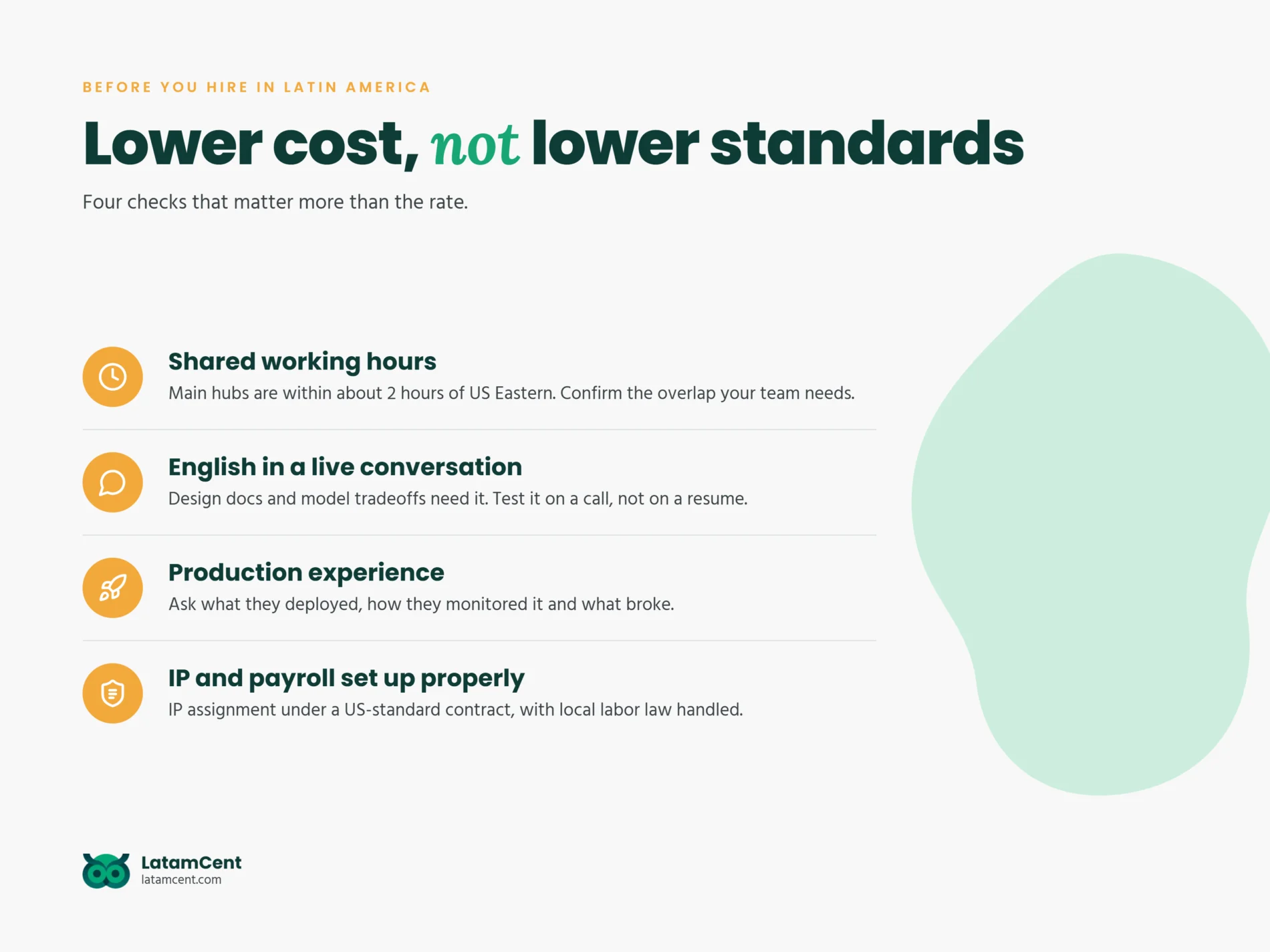 Checklist before hiring an ML engineer in Latin America: shared working hours, English, production experience, and IP and payroll setup